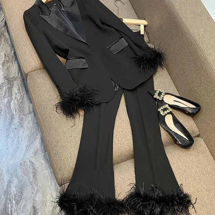 Feather Sleeve Pant Sets Blazer Pantsuits Two Pieces Set Spring Satin Collar Jacket Straight Pants Suits Outfits Women black sets