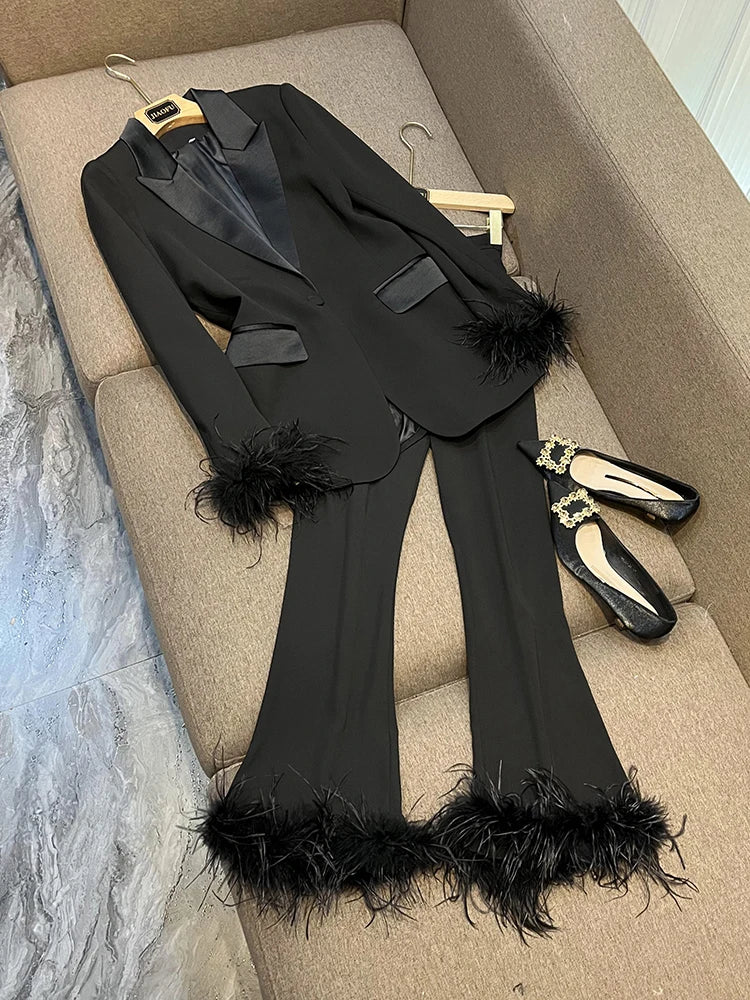 Feather Sleeve Pant Sets Blazer Pantsuits Two Pieces Set Spring Satin Collar Jacket Straight Pants Suits Outfits Women black sets