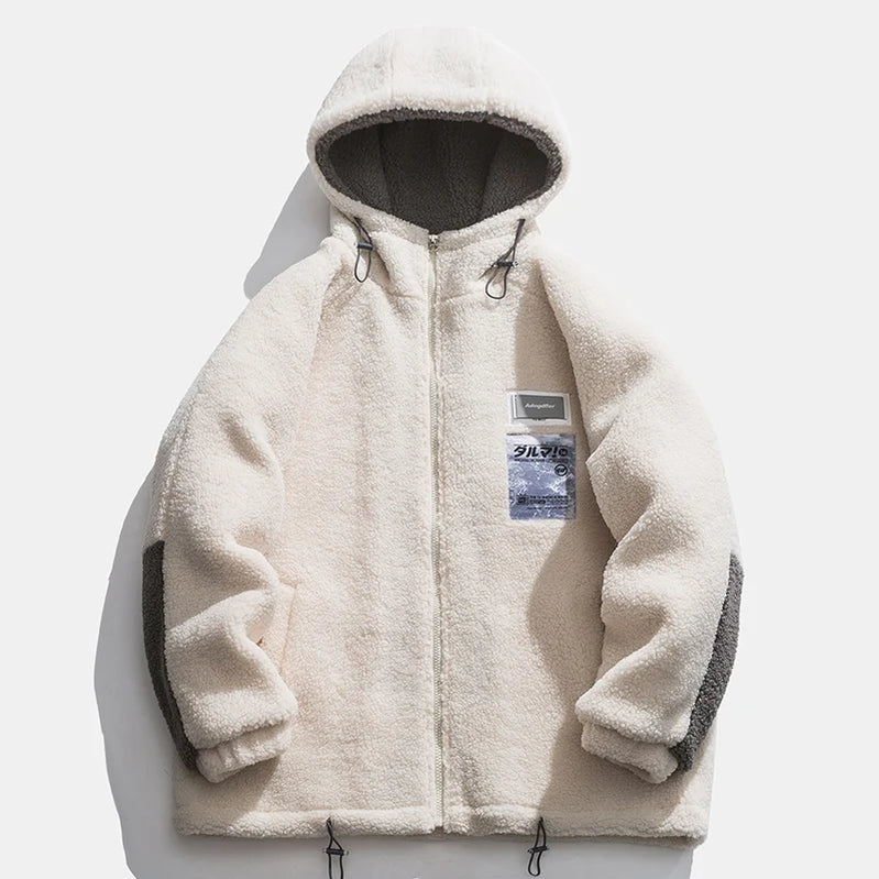 Men Winter Fleece Jacket Lamb Wool Hooded Coat Mens Thick Warm Coat Loose Japanese Streetwear Casual Harajuku Zippered Jacket beige