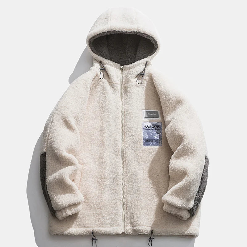 Men Winter Fleece Jacket Lamb Wool Hooded Coat Mens Thick Warm Coat Loose Japanese Streetwear Casual Harajuku Zippered Jacket beige