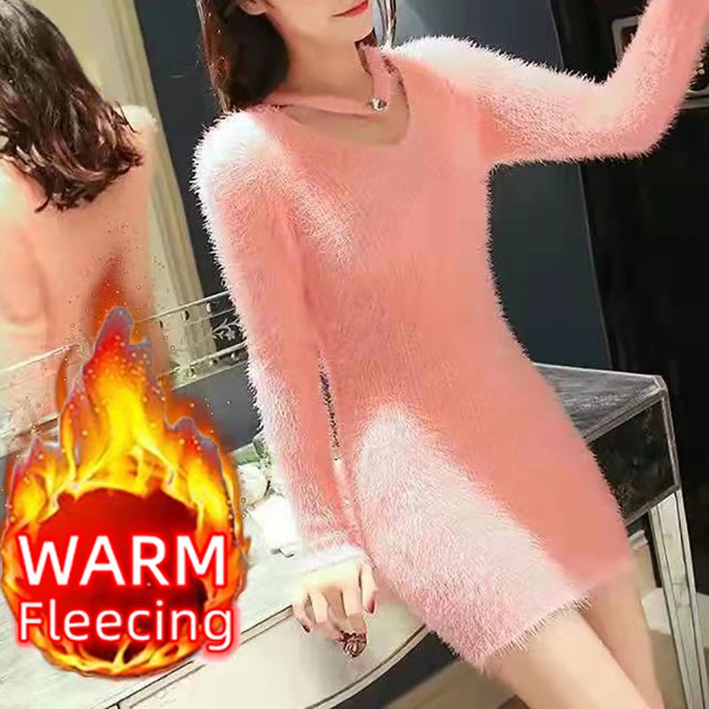 Winter Imitate Mink Wool Hot Fleecing Female Casual Sweater O-neck Long Puff Pink Solid Women Knitted Tops Elastic Pullovers Thick-Pink One Size