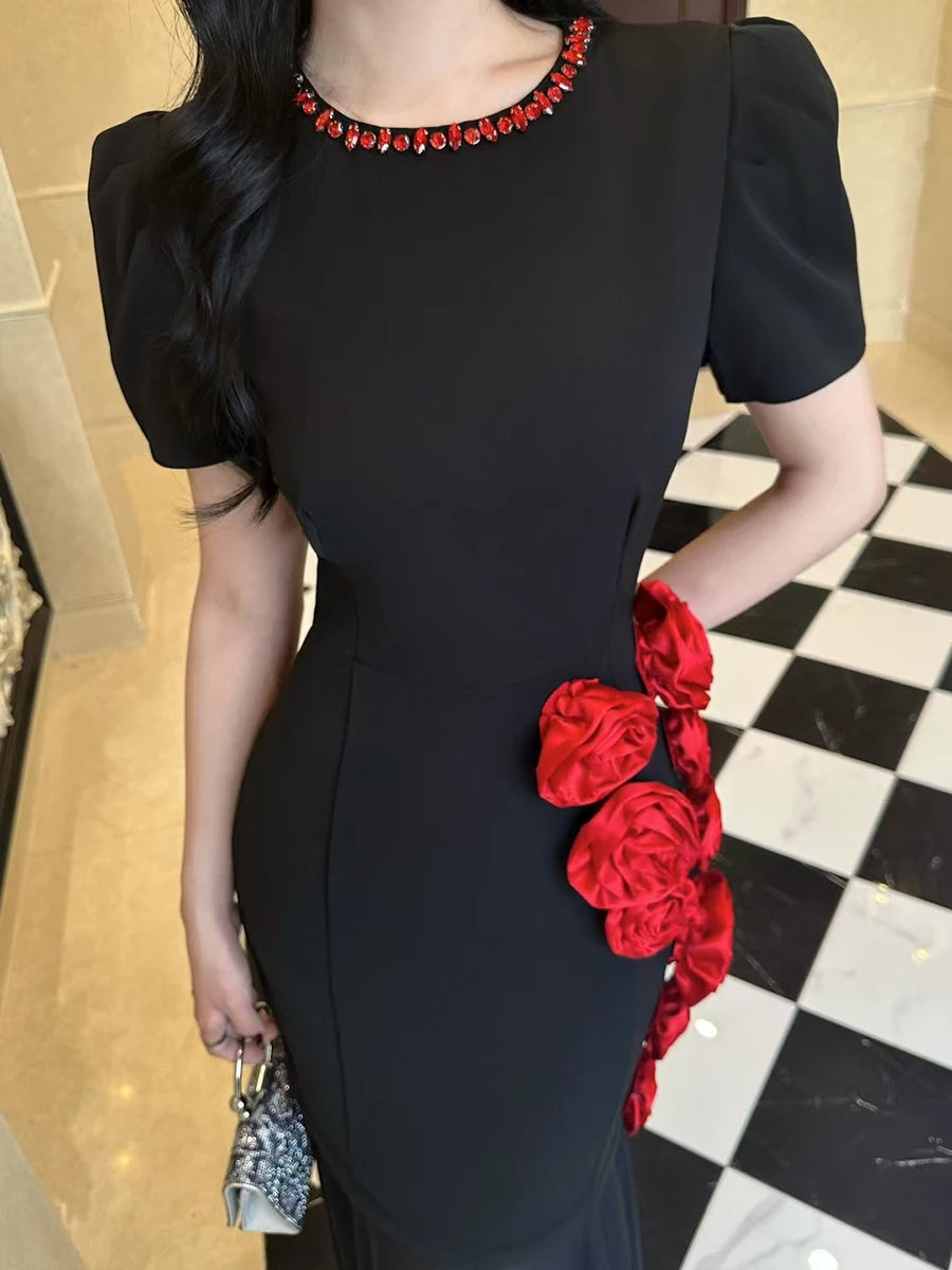 TWOTWINSTYLE Hit Color Slimming Spliced 3D Flower Elegant Dresses for Women Round Neck Short Sleeves Dress Femlae Clothing New