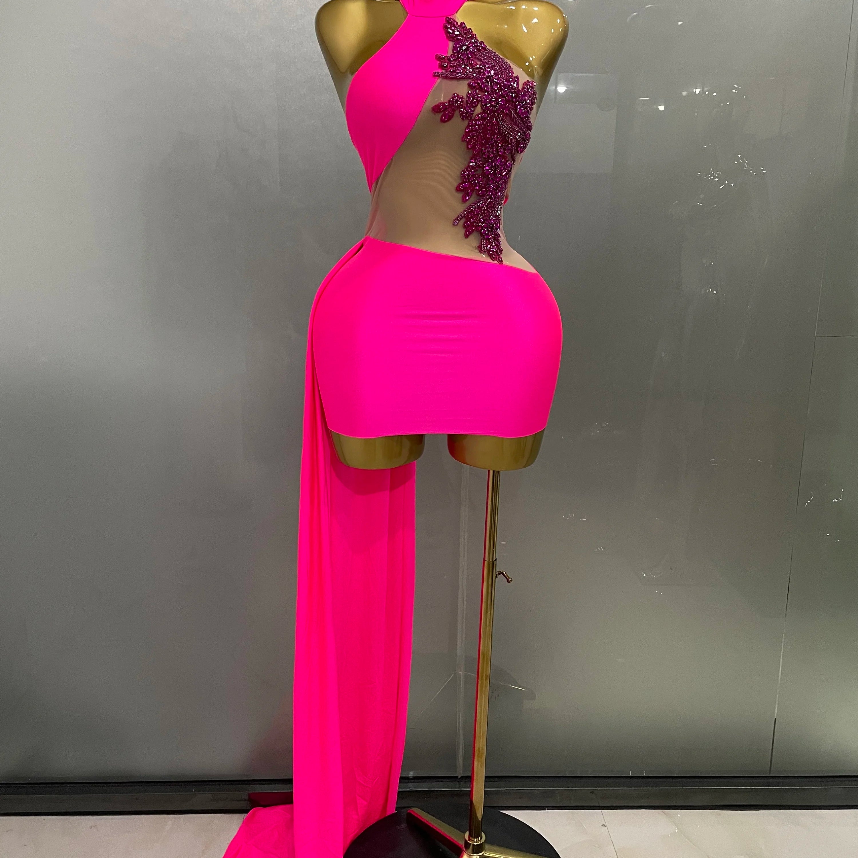 Sexy Sparkly Beaded Mesh See-Through Backless Cocktail Short Dress 2025Women Evening Prom Celebrate Birthday Party Stage Costume