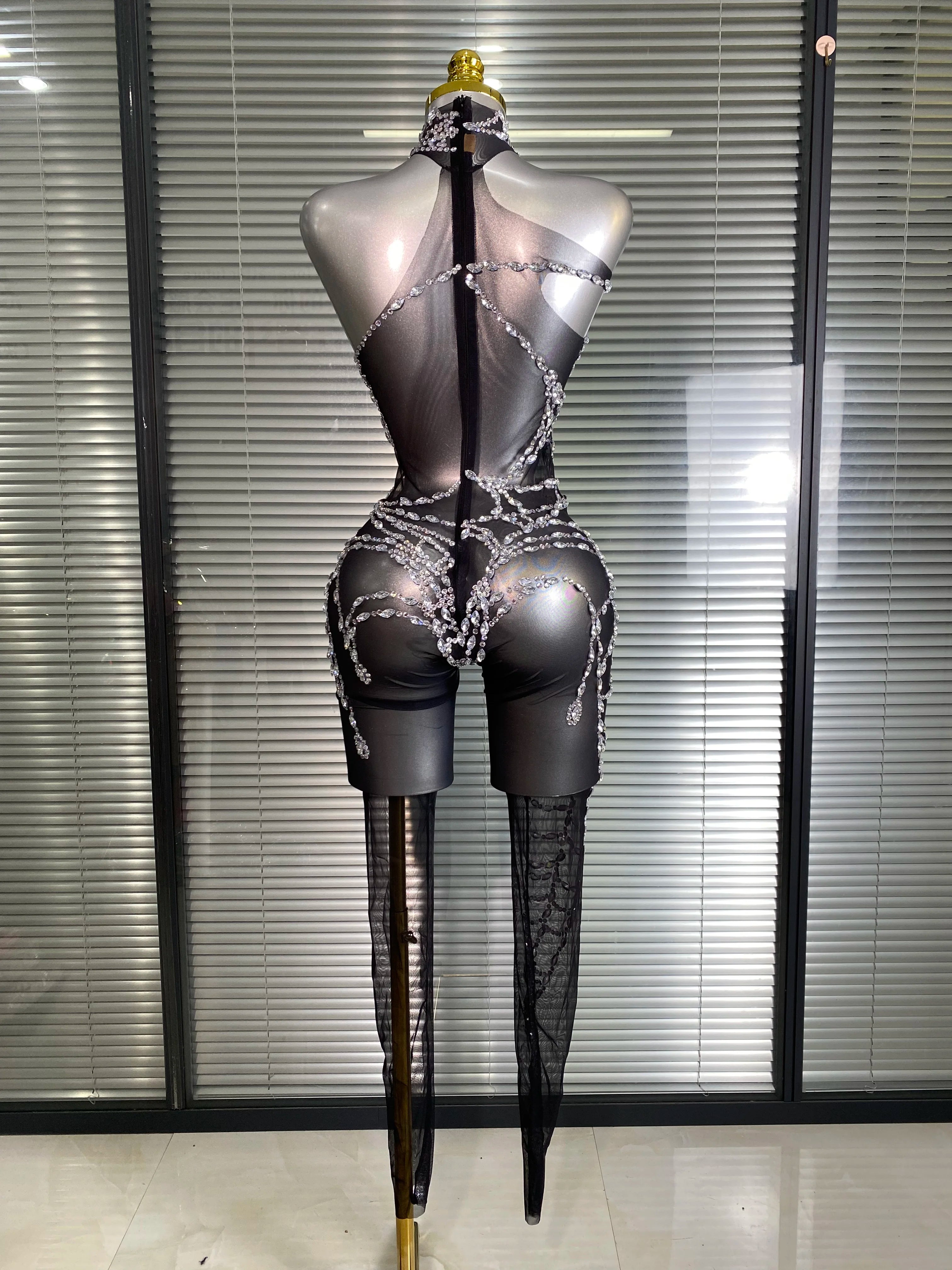 Women Sexy Black Nude Crystal Jumpsuit Celebrity Designer Stretchy Mesh See Through Singer Dancer Stage Night Club Rompers