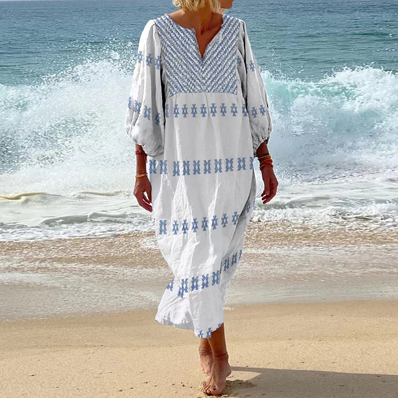 Womens Ethnic Retro Geometric Print Long Dress Spring 3/4 Lantern Sleeve A-Line Party Dress Summer V Neck Loose Beach Boho Dress White