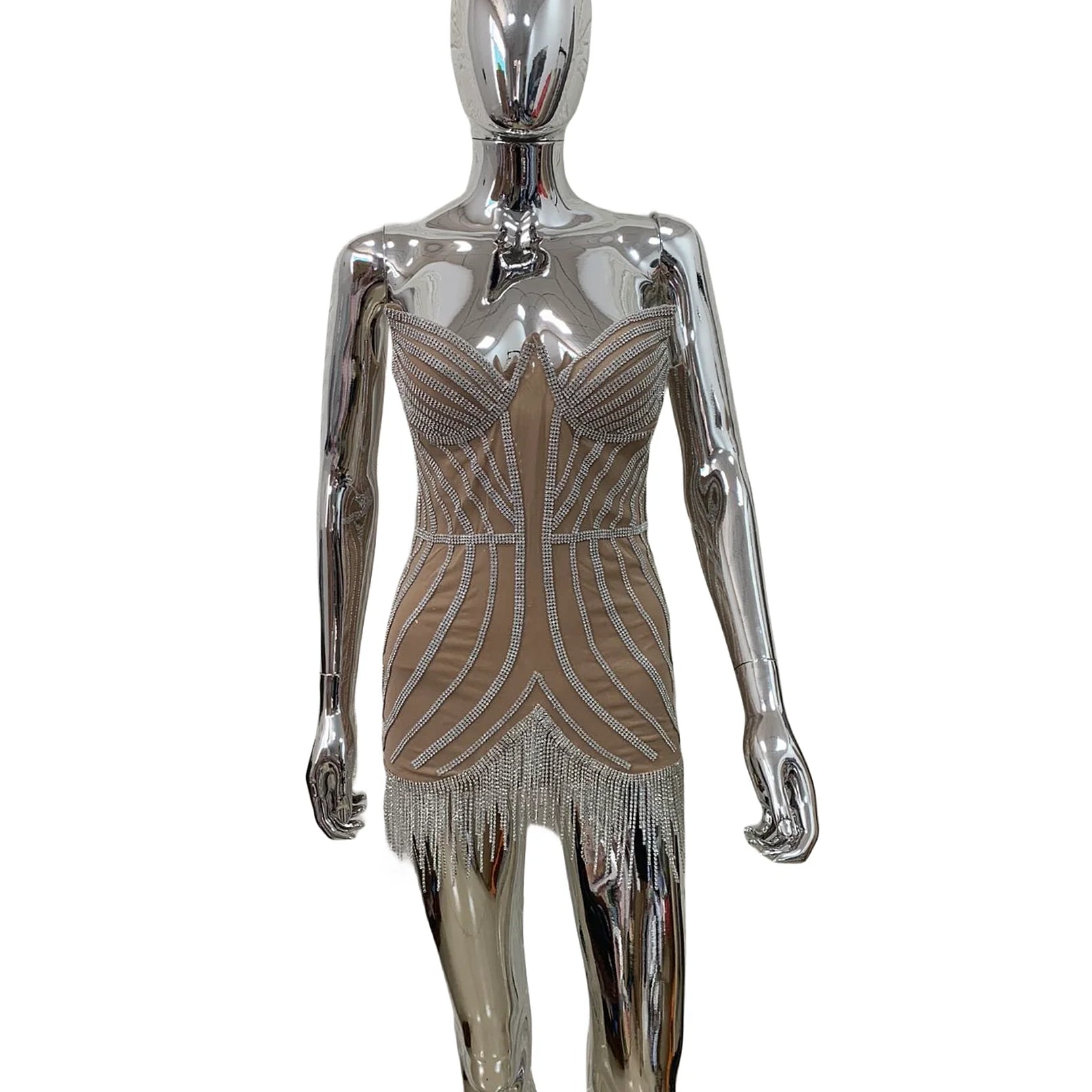 Luxury Shining Diamonds Tassel Strapless Mini Dress Celebrity Birthday Party Evening Dress Stage Performance Costume