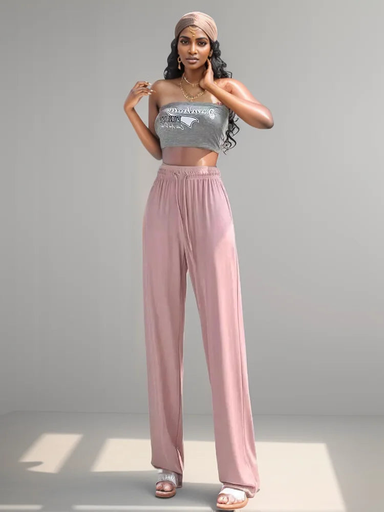ITOOLIN Women Casual Straight Pants Drawstring Elastic Waist Thin Solid Pants Sports Wide Leg Trousers For Women Spring