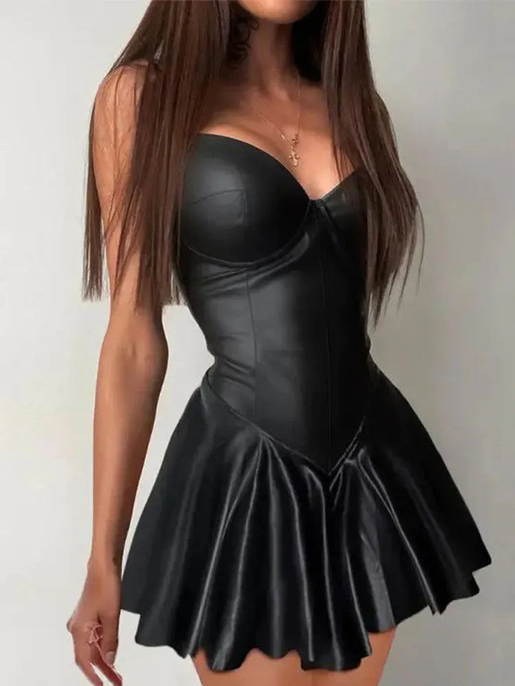 Spaghetti Strap Leather PU Pleated Dress Women's Sexy Bodycon Fashion Low Chest And Back Leakage Mini Dress Clubwear