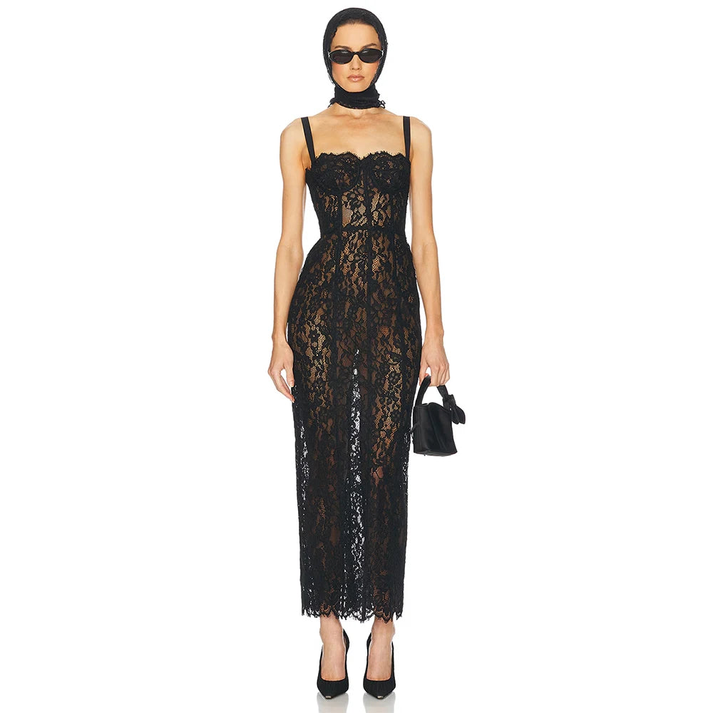 Elegant Lace Spaghetti Strap Long Dress Women Slim Sleeveless Sling Evening Party Gowns 2025 Summer New Female Fashion Robe