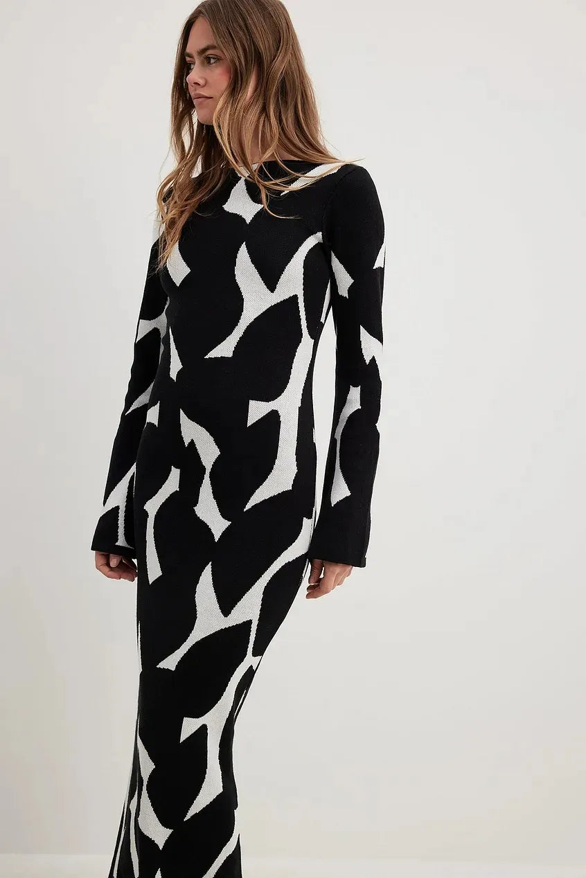 Striped Knitted O-neck Long Sleeve Midi Dresses Elegant Women Bodycon A-line Vestidos Female Fashion Casual Street Maxi Clothes CYC1327-BWP