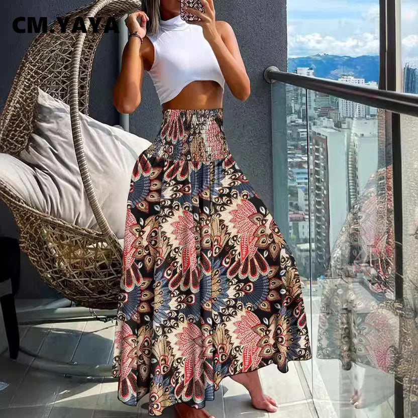 CM.YAYA Women Fashion Bandanna Paisley Big Swing High Waist Maxi Skirt Streetwear 2024 Boho Vintage Casual Long Skirts