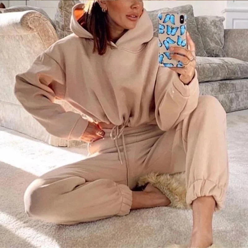 Autumn Winter Women Sweatshirt Set Solid Color Casual Simple Hooded 2 Piece Outfit Set Fashion Gym Jogging Woman Pant Sets Khaki