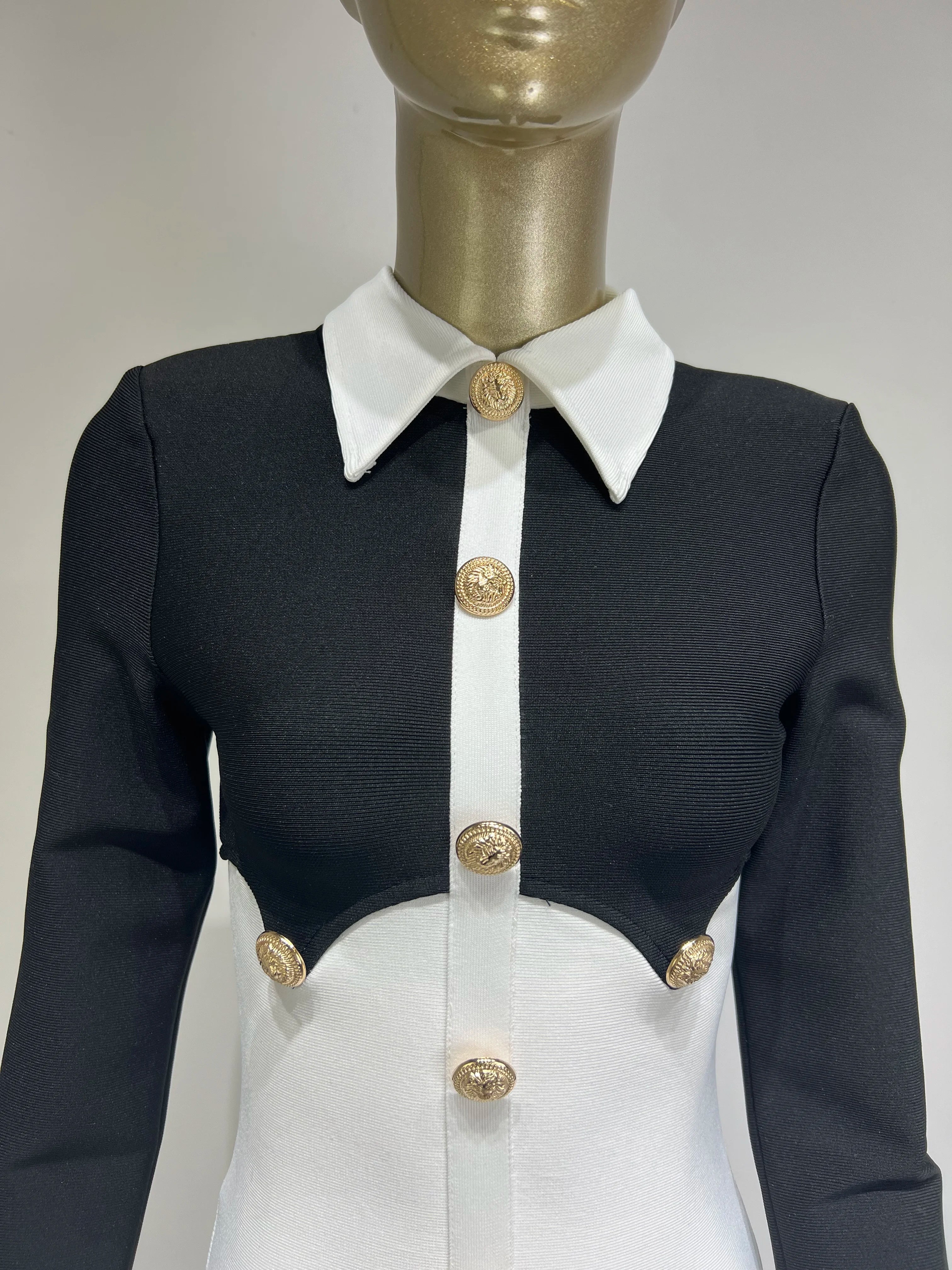 Vestido curto feminino sexy de manga comprida com patchwork, preto e branco, com botões, estilo bandagem, elegante, para festa à noite
