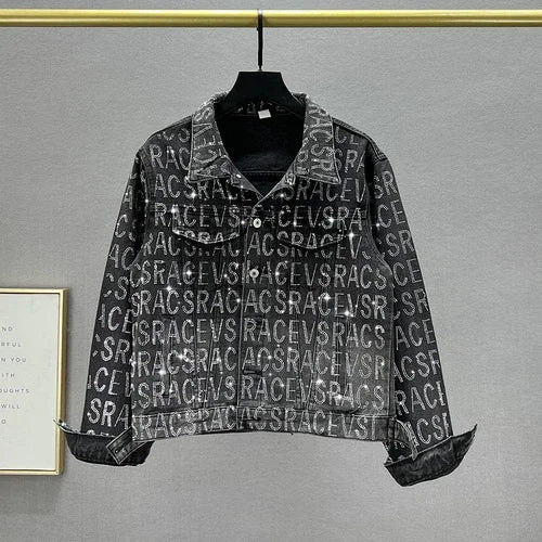 Denim Jacket Women Spring Autumn New Loose Heavy-Duty Letter Rhinestone Long-Sleeve Black Jean Jacket Female Jaquetas black