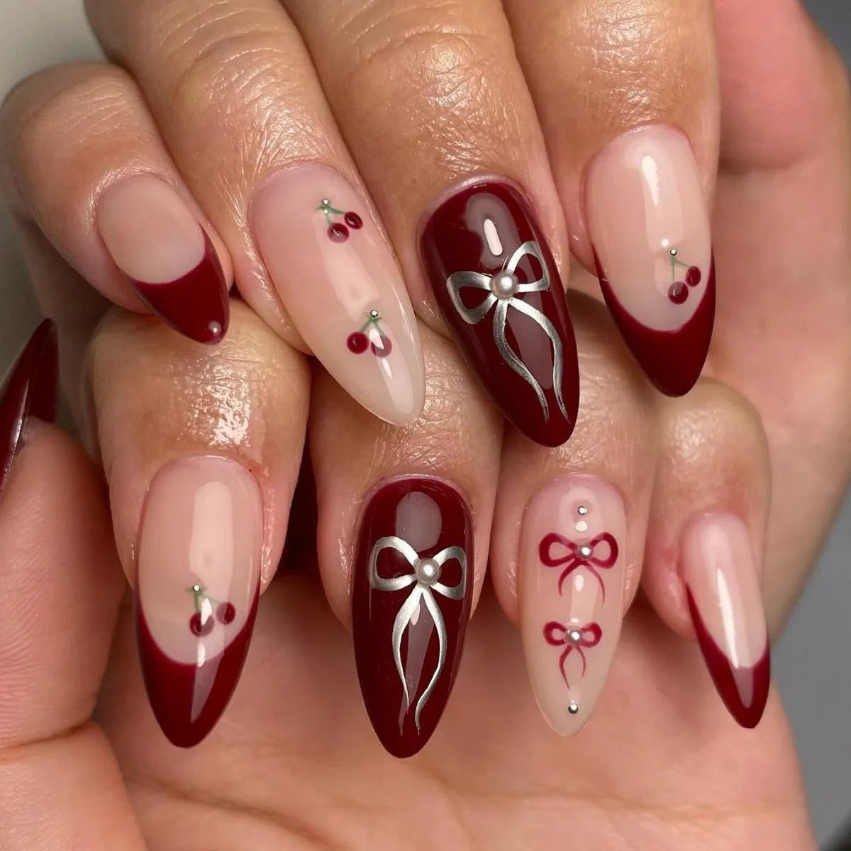 24Pcs 3D Bow French Press on Nails Set with Almond Design Long Stiletto Y2k Fake Nail Art Blue Wearable French False Nails Tips
