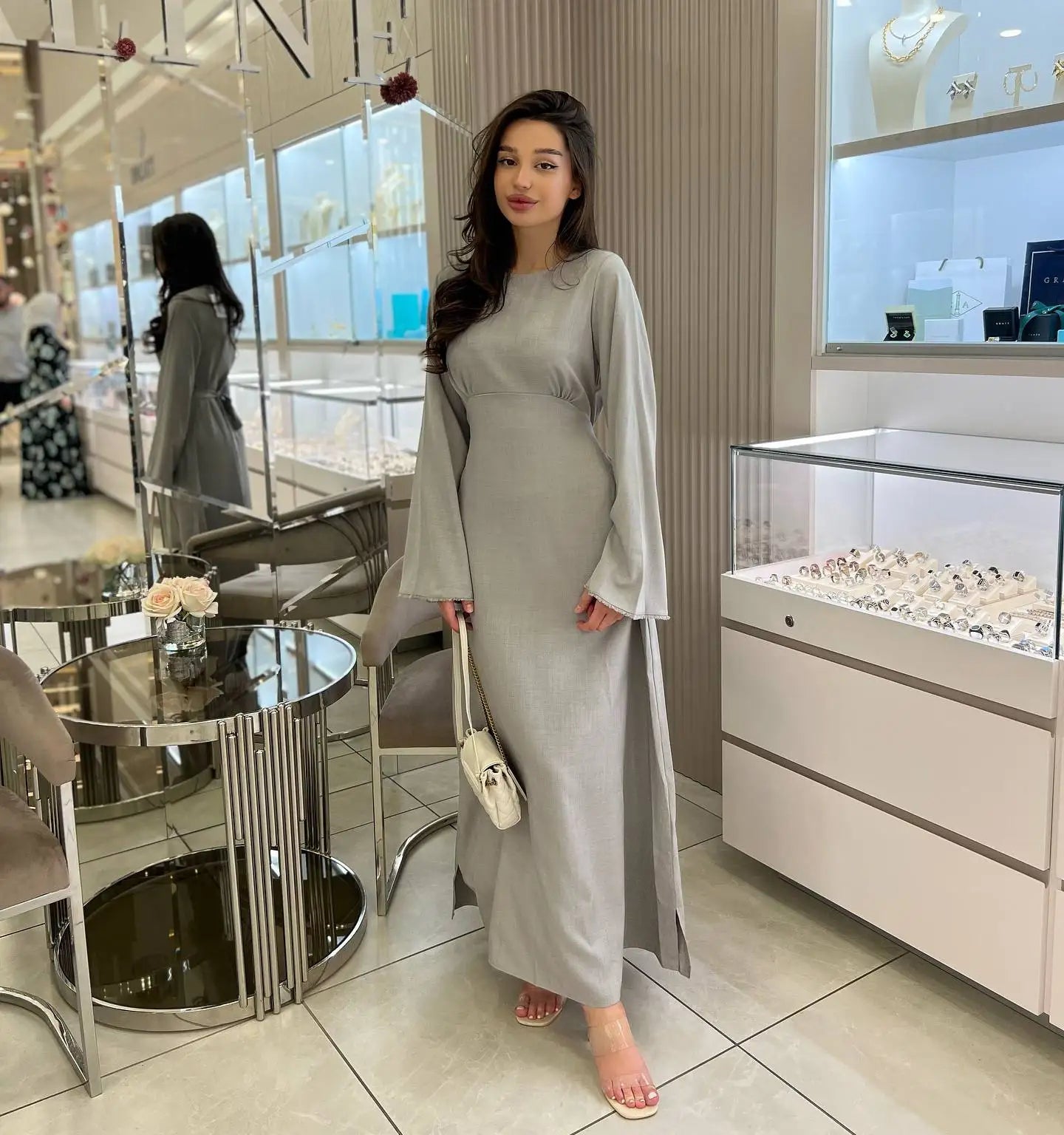 Autumn Elegant Solid Midi Dress Women Flare Sleeve Slim Mermaid French Vintage Wedding Party Vestidos Robe Mujers GRAY