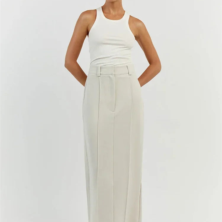 Patchwork High Waist Slim Long Skirt Female Solid High Street Elegant Fashion Seamless Vintage White Women's Maxi Skirt Khaki