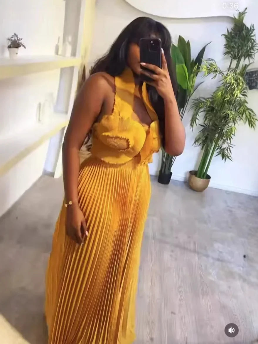 CM.YAYA Streetwear Women's Set Sleeveless Halter Crop Pleated Top+Wide Leg Pants Elegant 2024 Fall Party Two 2-Piece Set Outfits Yellow One Size