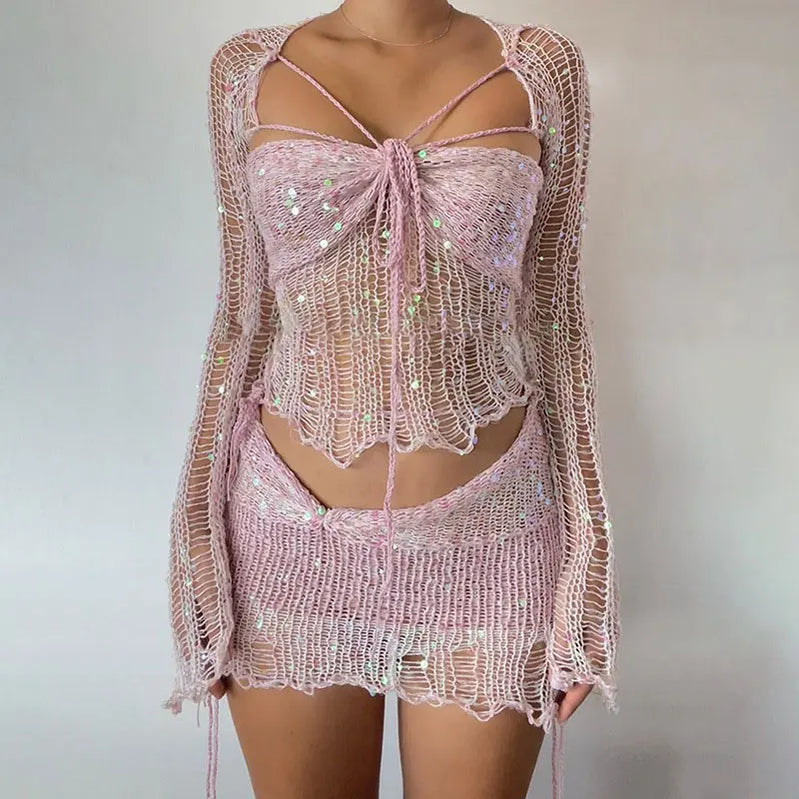 Sequins Knitted Hollow Out Two Piece Set Women Long Sleeve Cropped Top Midi Bodycon Skirt Summer Chic Beach Female Outfits Pink
