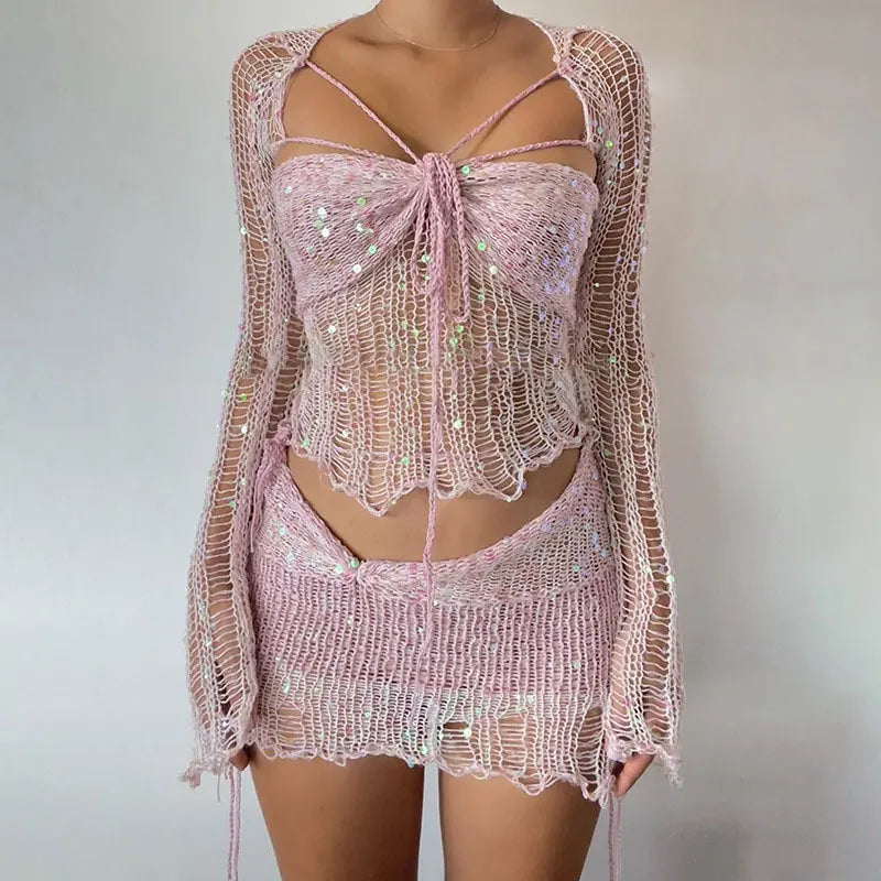 Sequins Knitted Hollow Out Two Piece Set Women Long Sleeve Cropped Top Midi Bodycon Skirt Summer Chic Beach Female Outfits Pink
