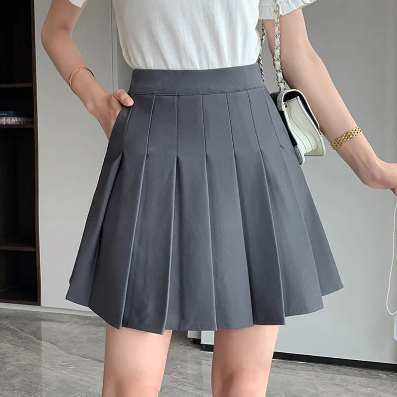 Korean Elastic High Waist Pleated Skirt Woman Black Gray Short A-Line Skirts for Women Summer Jk Uniform Mini Skirt GRAY