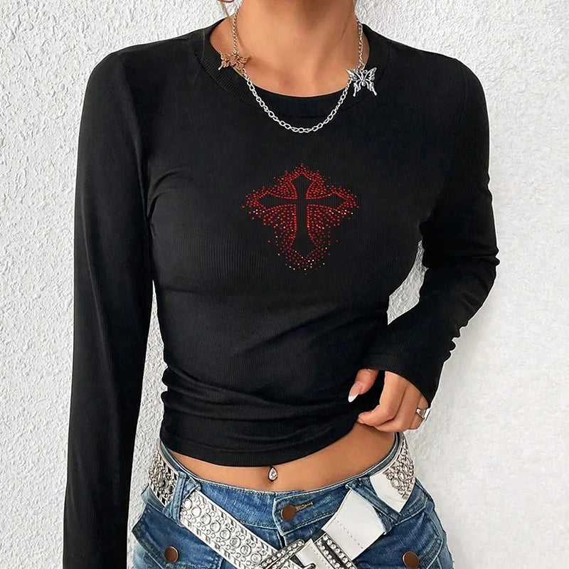 Goth Dark Rhinestone Mall Gothic Basic T-shirts Cyber Y2k Punk Long Sleeve Women Crop Tops Grunge Cross Skinny Fashion Black Tee
