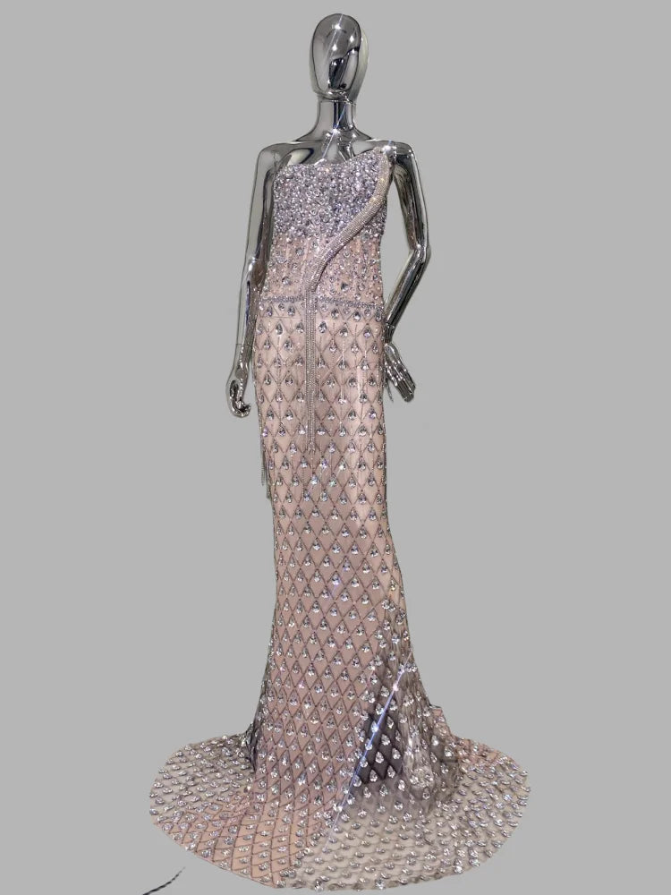 High Quality Super Shining Crystal Mesh See Through Floor Lenght Dress Woman Birthday Party Dress Stage Performances Costume