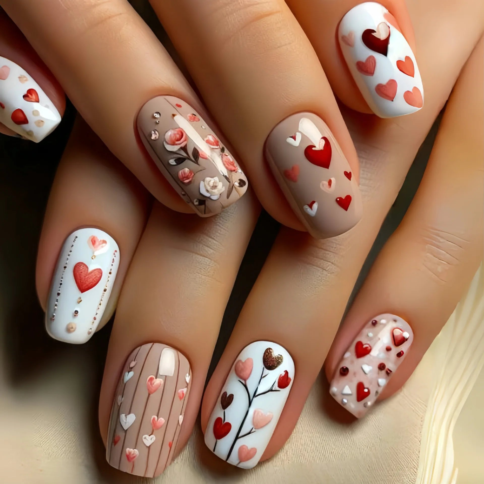 24pcs/set medium long fake nails beautiful rose flowers heart for Valentine's Day Wedding party faux ongles press on false nail