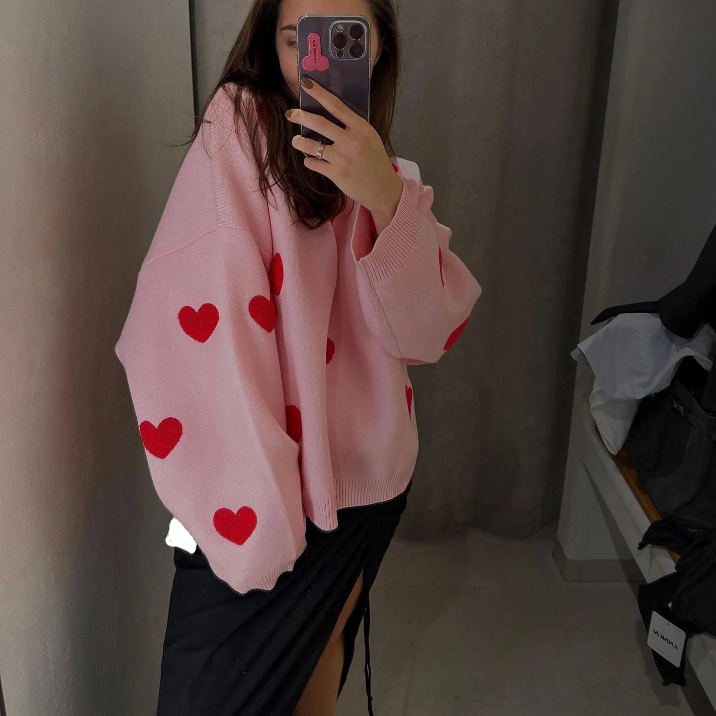 Women Embroidery Love Heart Knitted Sweaters Long Sleeve Vintage Y2K Casual Sweet O Neck Pullovers Winter Warm Sweater Tops