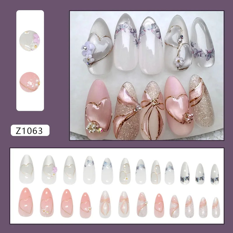 24pcs French Almond Press on Nails Retro Green Cat Eye Fake Nail Tips Detachable Wearable Sweet Cool Spice Girl False Nails