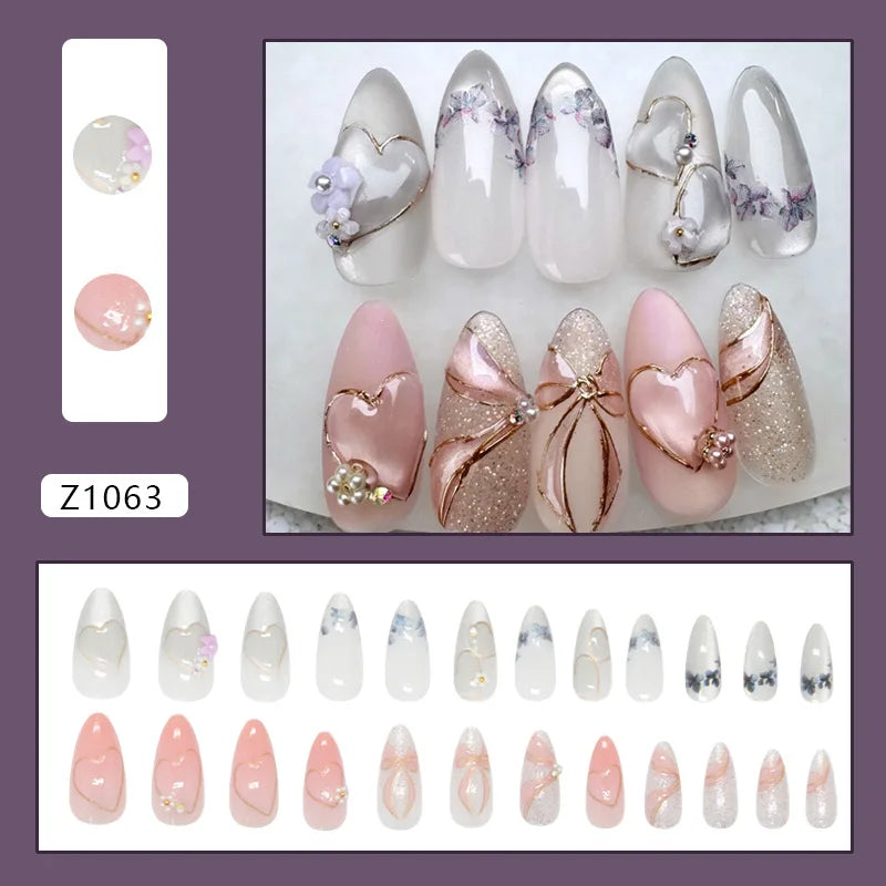 24pcs French Almond Press on Nails Retro Green Cat Eye Fake Nail Tips Detachable Wearable Sweet Cool Spice Girl False Nails