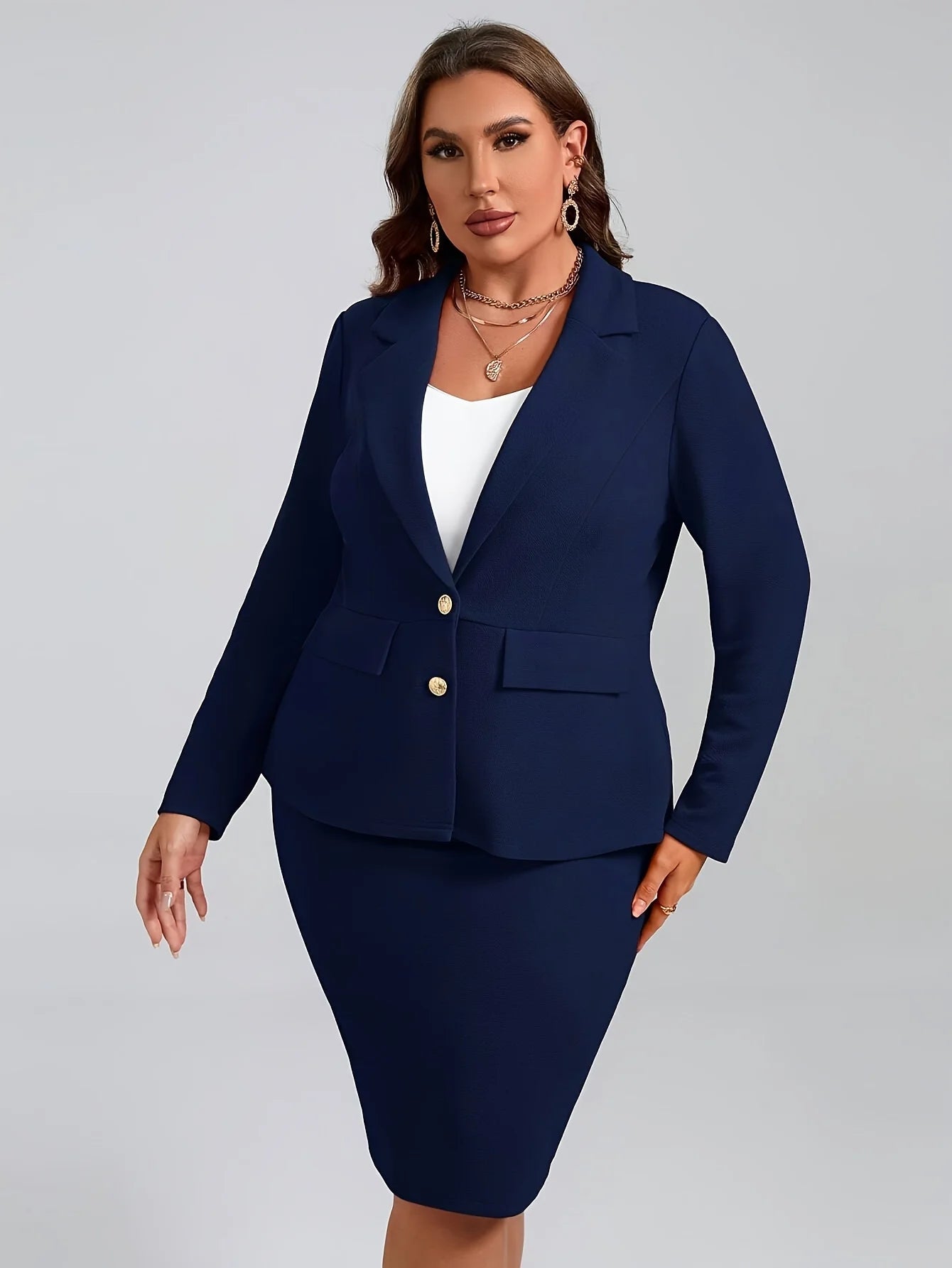 Plus Size Women's Elegant Suit Jacket Set Casual Office Lady Lapel Button Blazers Coats Skirt 2 Piece