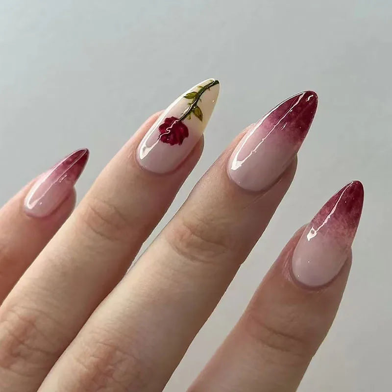 24pcs/set Meduim long fake nails for women peach flowers heart for Spring summer Square faux ongles press on false nail art tips