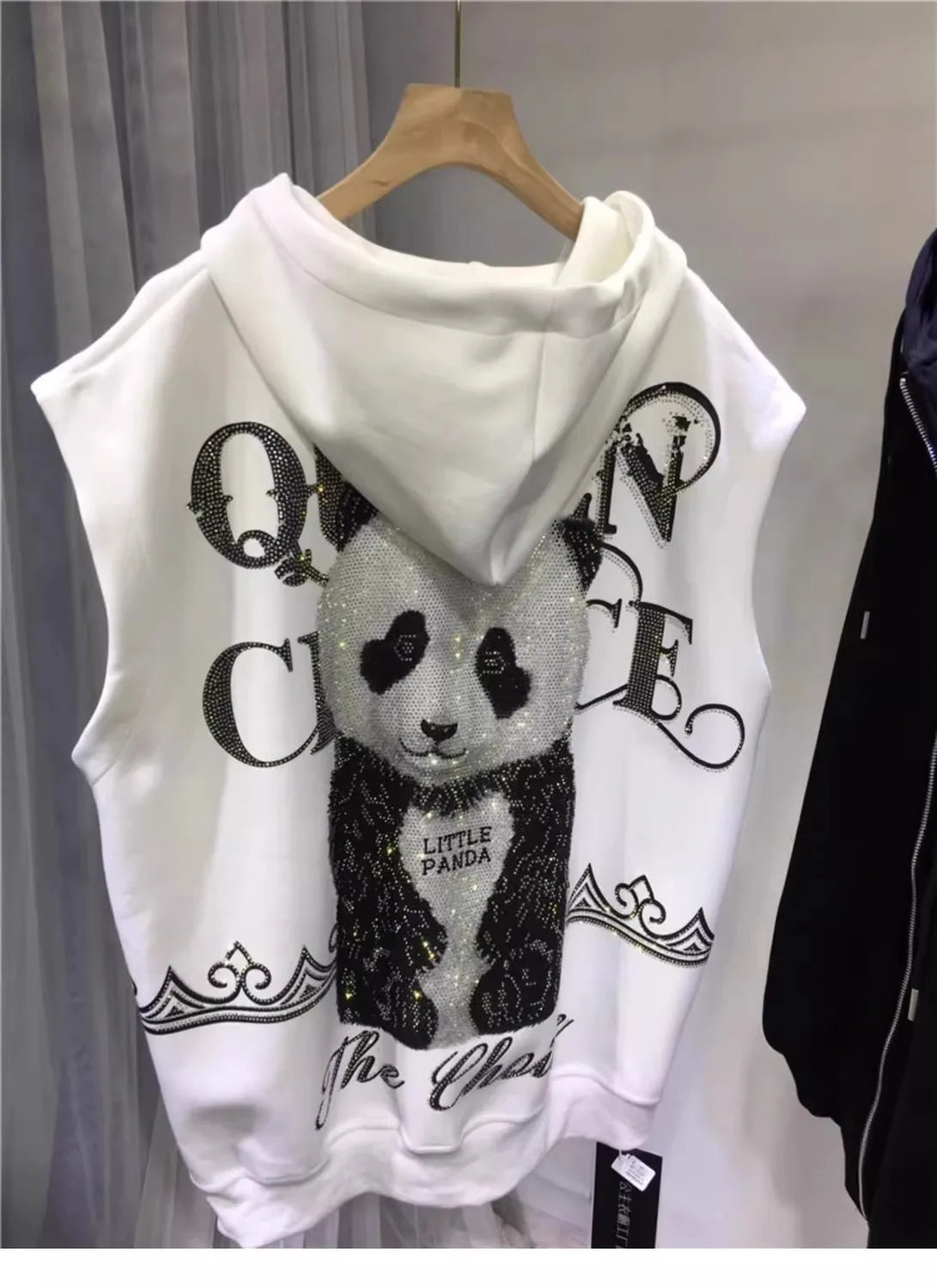 Plus Size Animal Letter Stamping Diamond Women's Jackets Sleeveless Hooded Fashion New Coat Vest Autumn Winter Female Cardigan WHITE