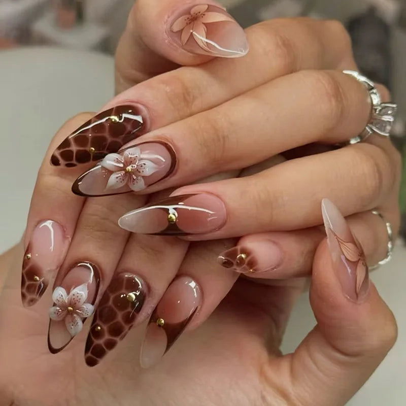 24pcs/set Medium fake nails for women girls 3D embossed flowers butterfly shell designs Summer almond tips press on false nail