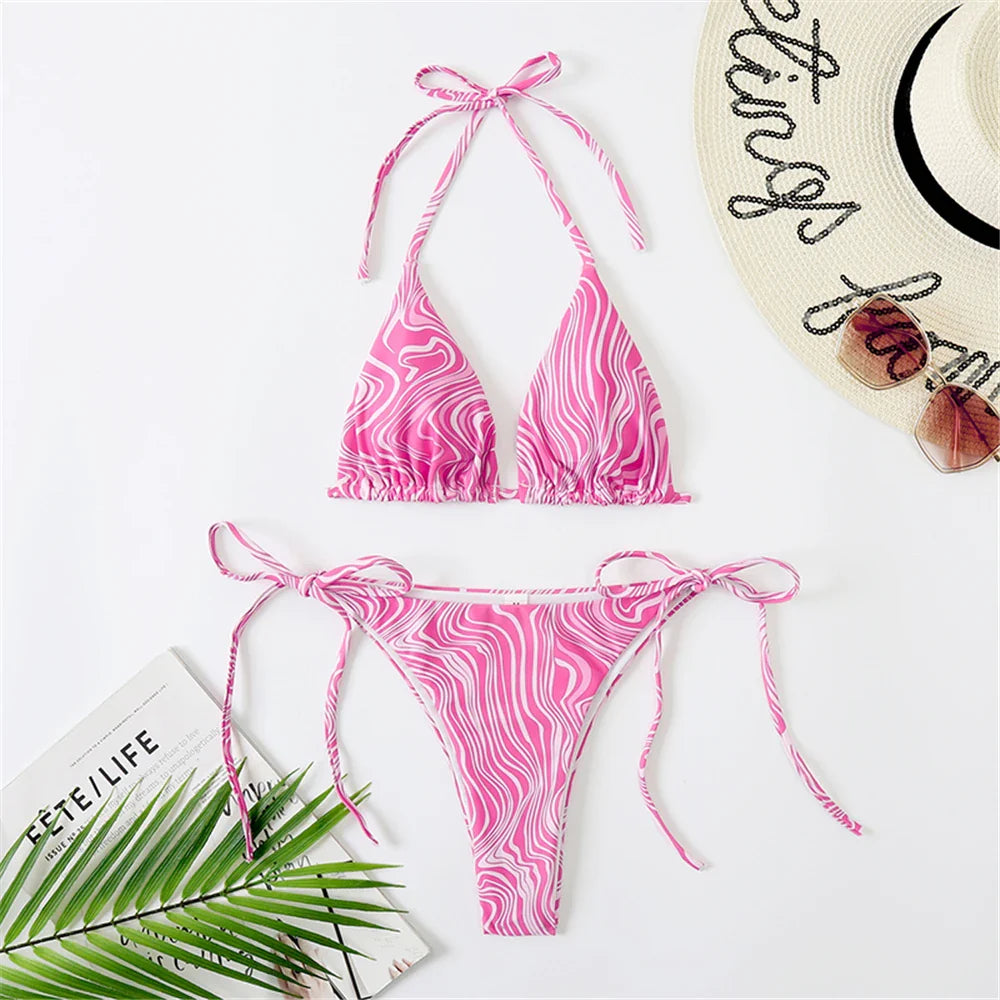 Halter Triangle Sexy Bikini Sets 2023 Women Patent Leather Glitter Swimsuit Summer Solid G-String Swimwear Side Lace Up Monokini s10Rose Red