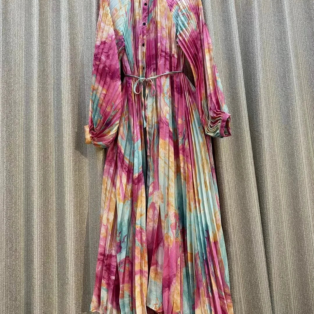 French Chic Print Pleated Maxi Party Dress For Women Retro Single Breasted Long Sleeve A-line Autumn Casual Vacation Female Robe pink One Size