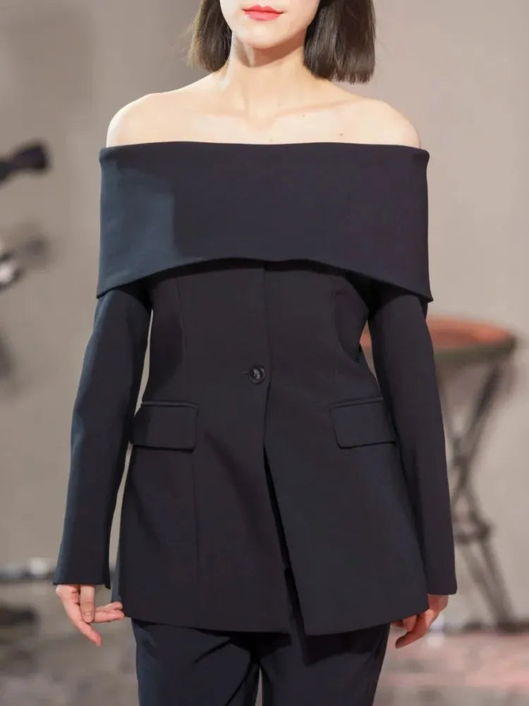 TWOTWINSTYLE Solid Temperament Blazers For Women Slash Neck Long Sleeve Patchwork Pocket Minimalist Slim Blazer Female Fashion