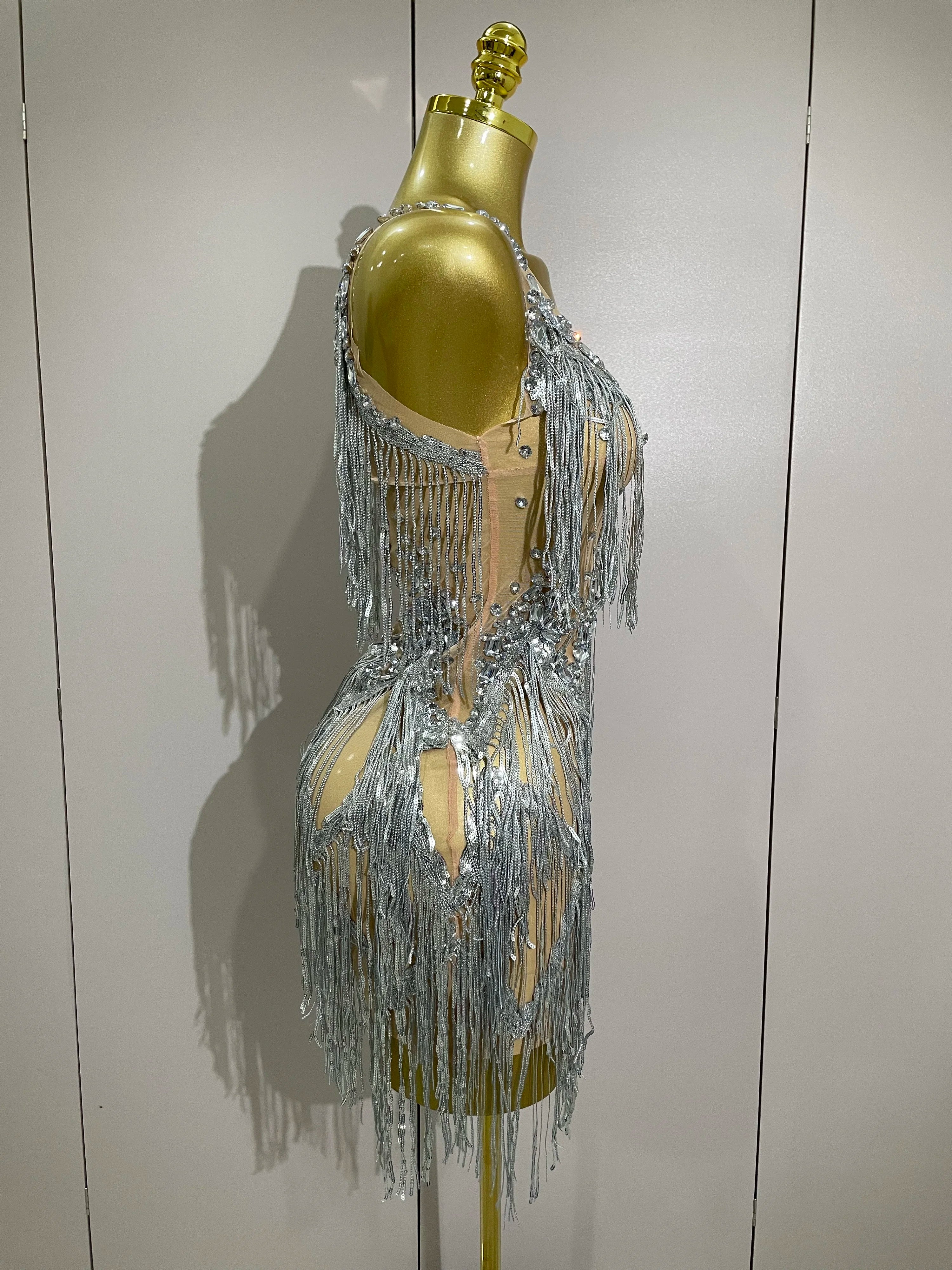 Sparkly Rhinestone Tassels Sexy Mesh Mini Dress 2025 Women Evening Birthday Party Dresses Nightclub Performance Stage Costume