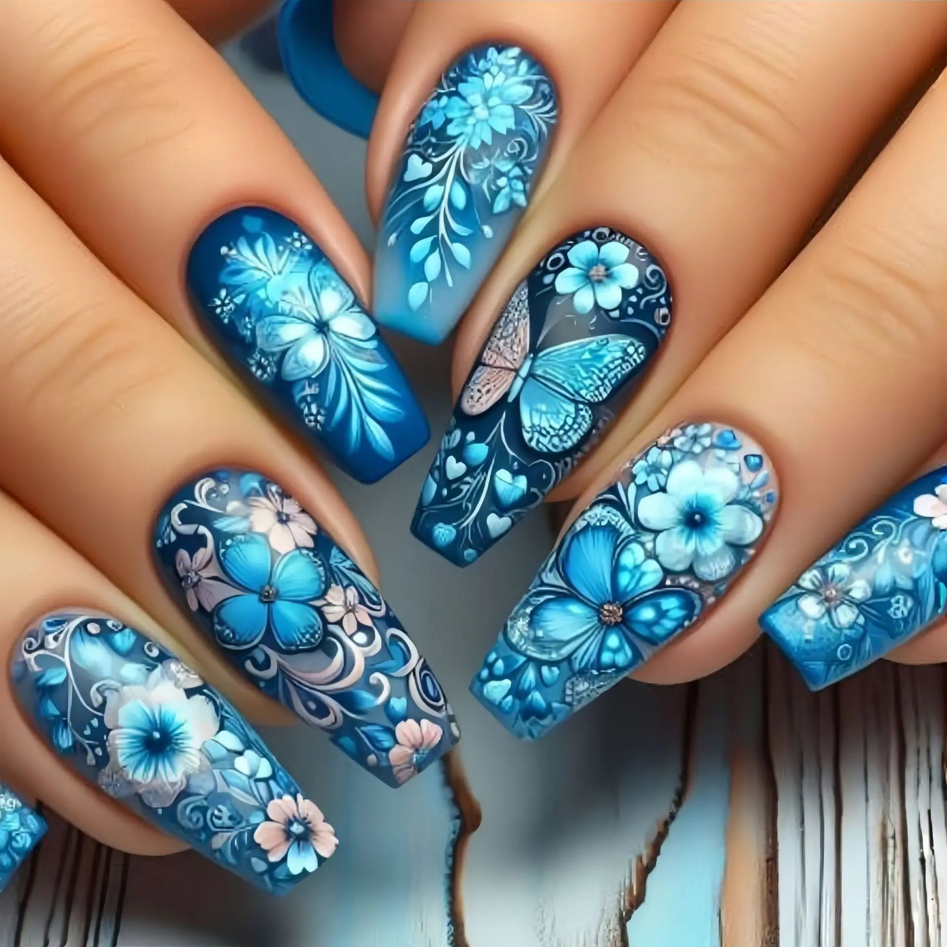 24pcs/set Medium long fake nails square ballet tips flowers butterfly for spring summer season blue green press on false nail