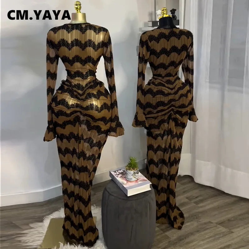 CM.YAYA Women Flare Full Sleeve Wave Striped Ruched Stacked Bodycon Midi Long Maxi Dress 2025 Evening Sexy Party Dresses Vestido