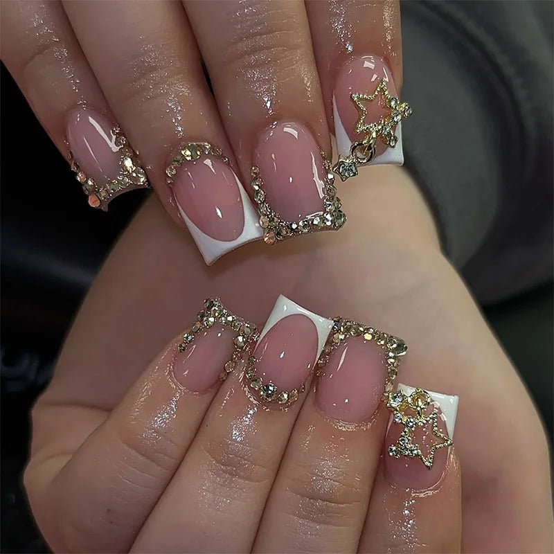 24Pcs Short Square False Nails French 3D Bow Design Wearable Full Cover Nail Tip Glitter Edge Artificial Press on Fake Nails Art