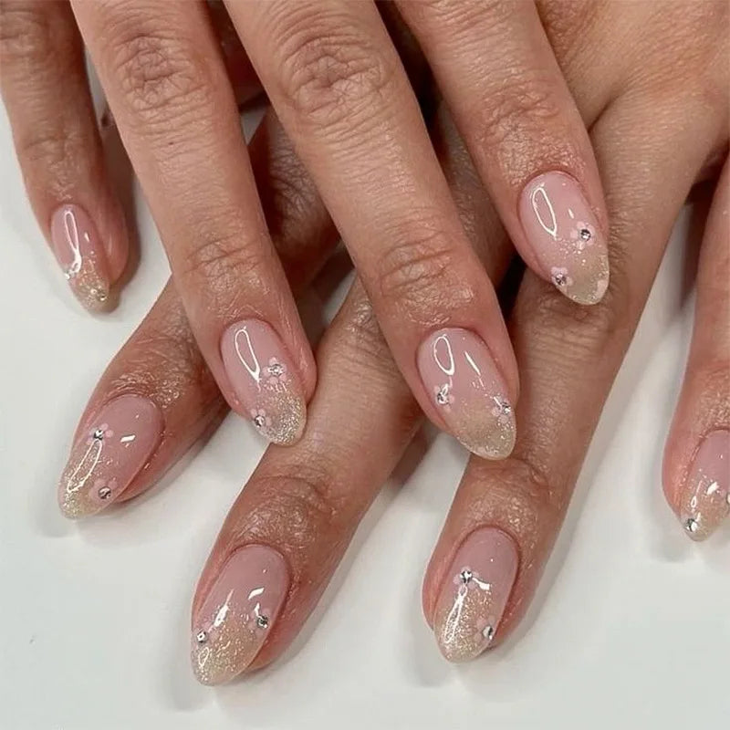 24Pcs Simple Glitter False Nails with Glue Short Oval Almond Fake Nails Yellow Crescent Full Cover Nail Tips Art Press on Nails