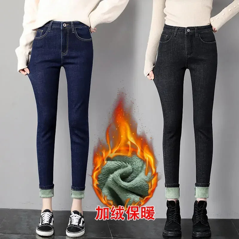 Winter Women`s Fleece Lined Jeans High Waist Thick Comfy Warm Stretchy Denim Pants Trousers For Girls