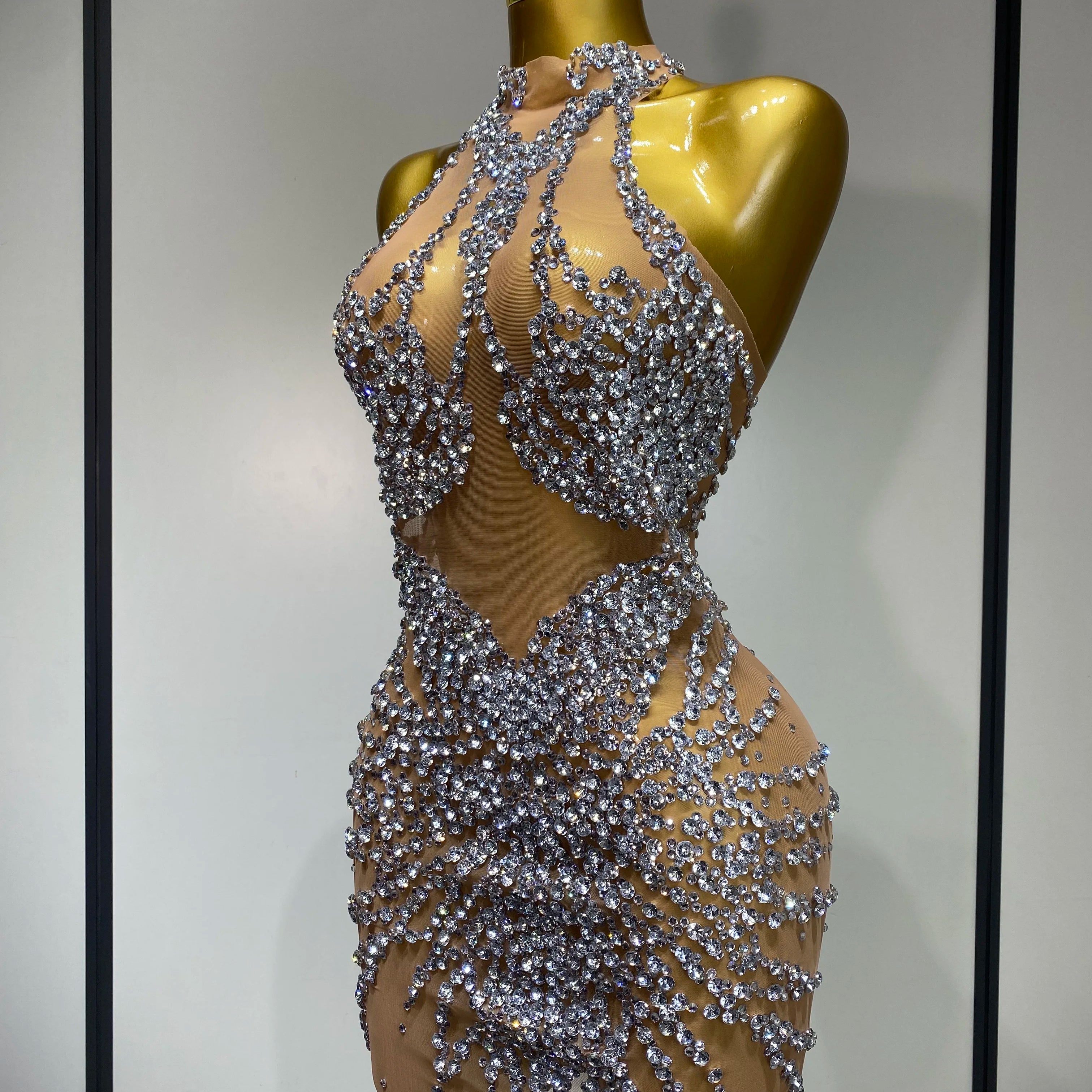 Luxury Rhinestones Mesh Transparent Prom Mini Dress Shinny Women Birthday Celebrate Party Prom Nightclub Outfit Stage Costume