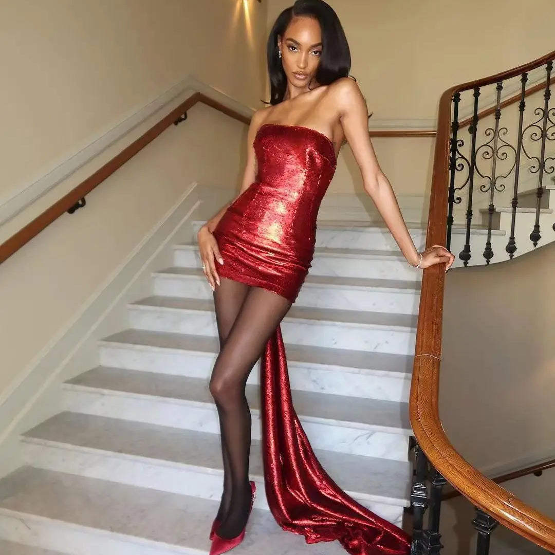 Vestido curto feminino sexy sem alças com lantejoulas brilhantes para festa e boate, com laço grande