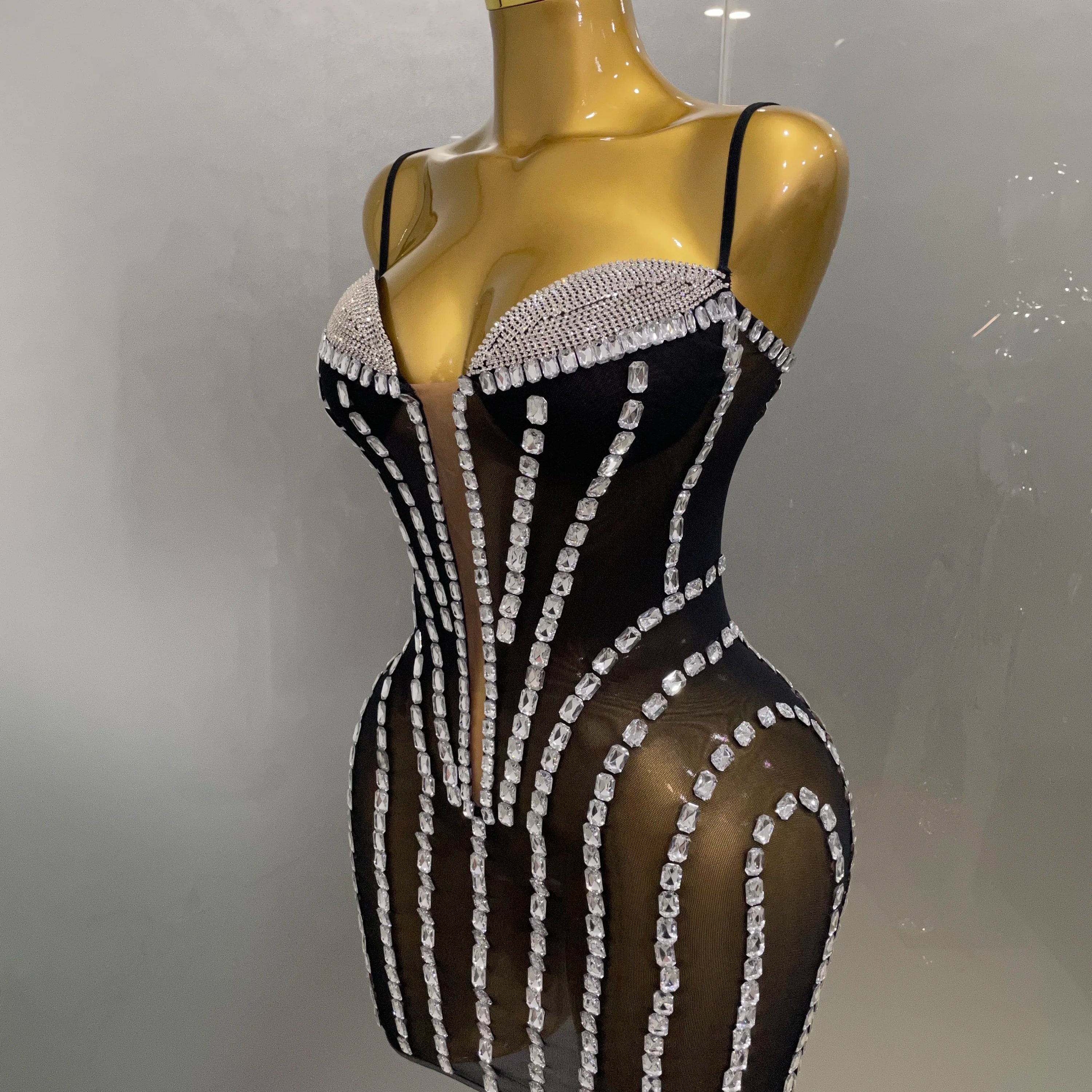 Sexy Sparkly Rhinestones Mesh See Through Short Slip Dress 2025Women Evening Birthday Party Prom Nightclub PhotoShoot Stage Wear