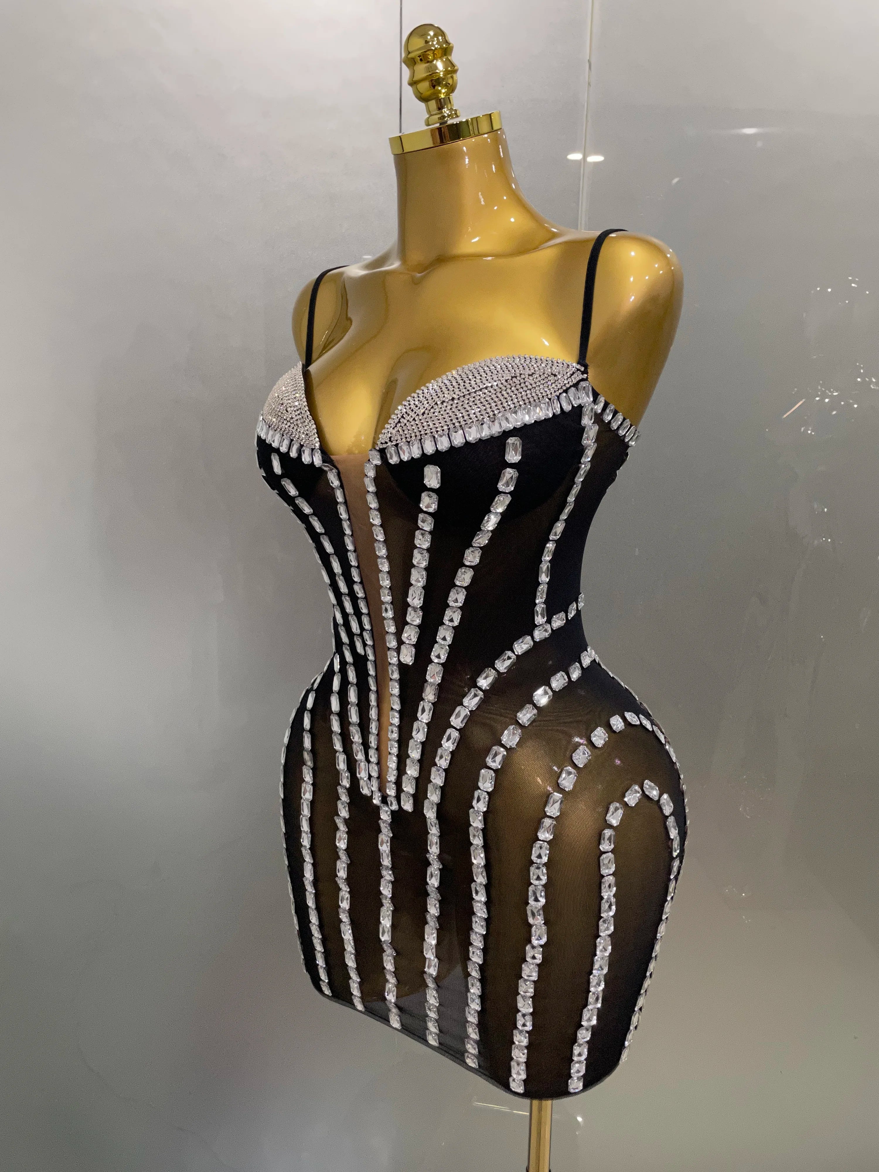 Vestido curto transparente com strass brilhantes e sexy 2025, feminino, festa de aniversário, baile, boate, sessão de fotos, roupa de palco