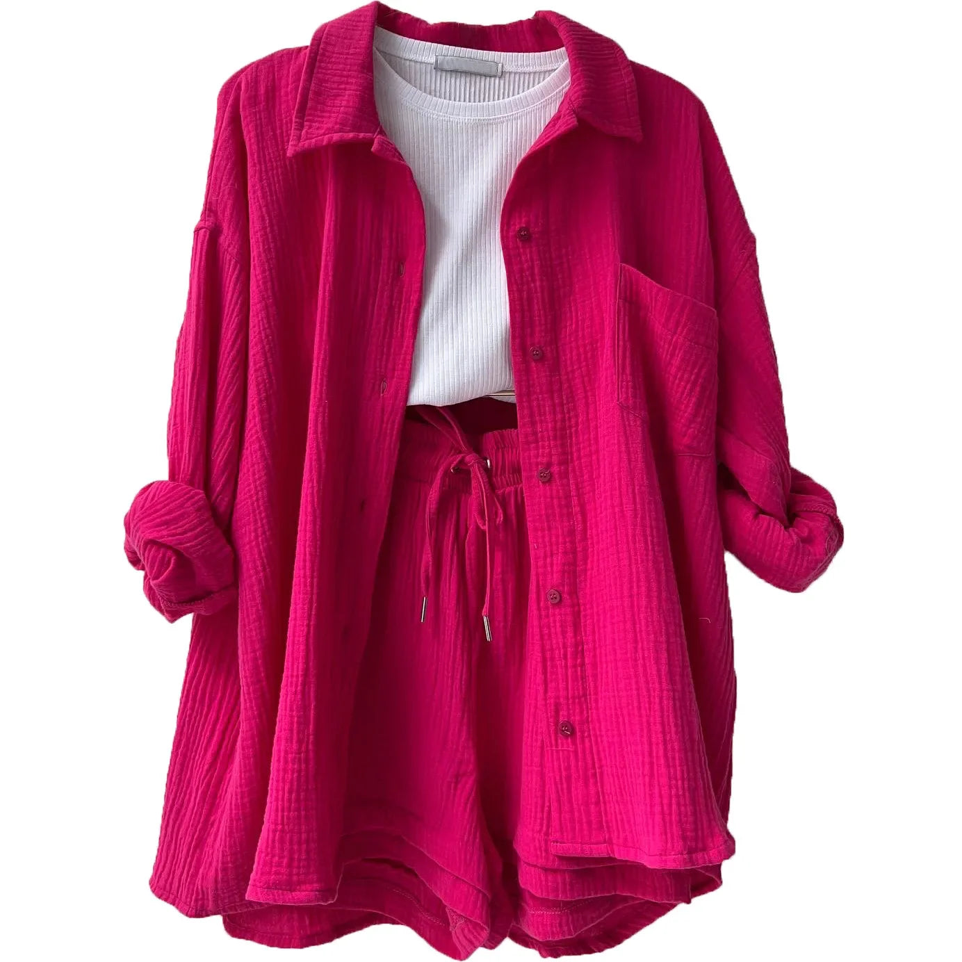 2 Piece Casual Sleepwear Cotton Pajamas for Women Turn-Down Collar Sleep Tops Suits with Shorts Gauze Cardigan Homewear Summer Rose