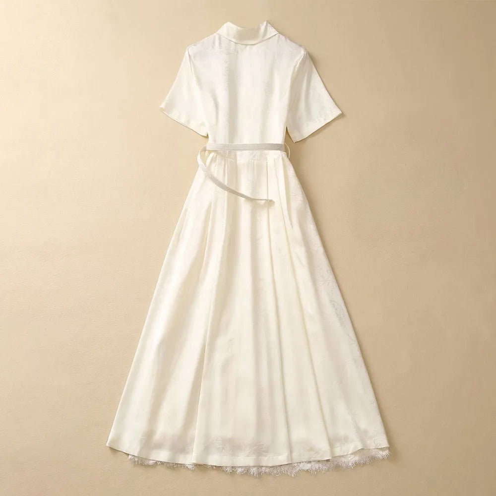 ZJYT Runway Fashion Summer Midi Shirt Dress for Women 2024 Summer Lace Patchwork Belt Casual Daily Dress Beige Aline Vestidos